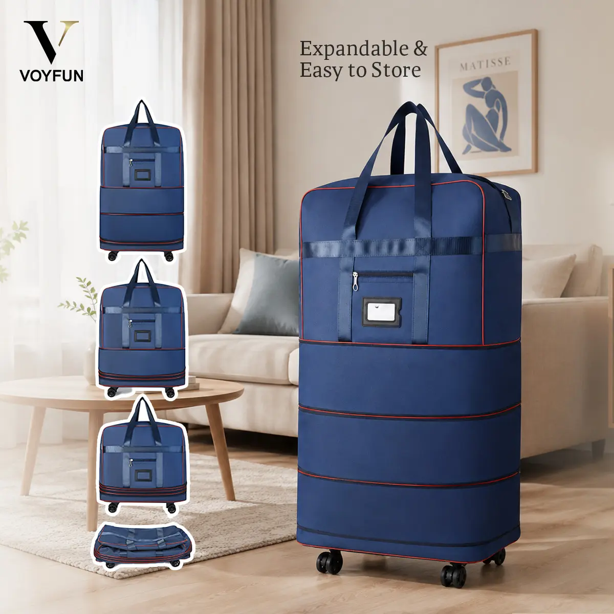 Voyfun Expandable Rolling Duffel Bag with Detachable Wheels, 4-Tier Foldable Luggage for Travel Moving and College, Heavy Duty Oxford Luggage Bag for Men and Women