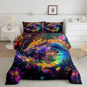 Dragon Comforter Set Flower Dragon Comforter for Boys Girls Teens Wild Life Bedding Set Dragon Decor Duvet Set Room Decor Clorful Quilt Set