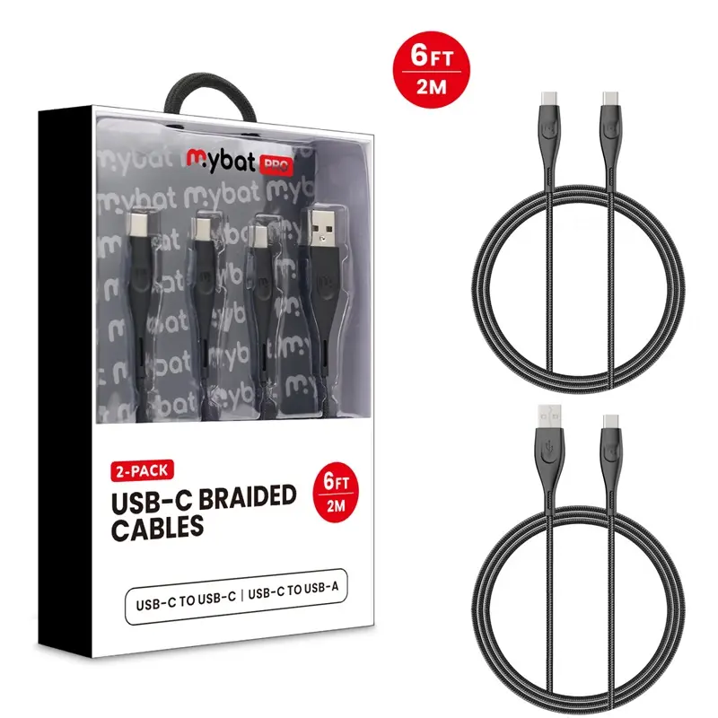 MyBat Pro USB-C Braided Charging Cable Bundle - 2-Pack 6FT (2M) Black Durable Flexible Charger Cable for Cellphone & Electronic Devices Daily Use