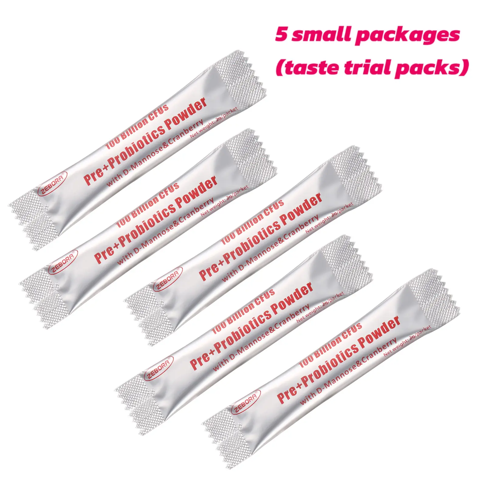 5 small packages (taste trial packs) ZEBORA Probiotics + Prebiotics Powder for Women&MAN  - 100 Billion CFUs, 19 Strains, D-Mannose & Cranberry for Digestive, Immune,  Vitamin Fitness Supplement Blend for Women’s pH Balance and Dryness