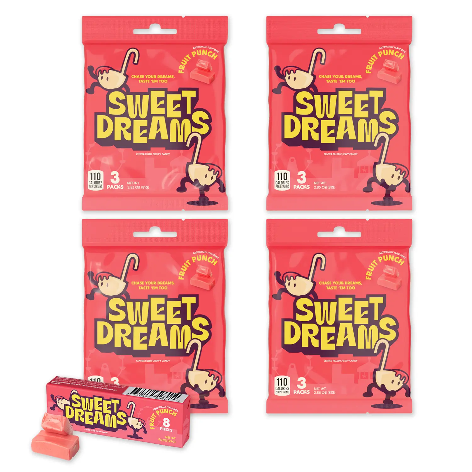 Sweet Dreams Center Filled Soft Chewy Candy Individually Wrapped, Gluten-Free Candies, Bulk Fruit Chews - Fruit Punch Flavor, 3 Sticks Per Bag, 8 Pieces Per Stick