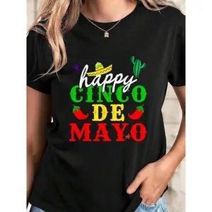 Cinco De Mayo Happy 5 De Mayo Cinco De Mayo Viva Mexico 5 De Mayo T-Shirt Casual Graphic Print Round Neck Short Sleeve T-Shirt, Summer Top