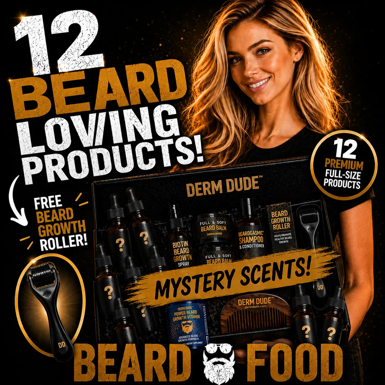 Derm Dude Beard Food Box – 12 Full-Size Beard Grooming Essentials To Go From Patchy To Viking!  5 Star Rated Oils, Balms, Washes for Daily Beard Care & Styling. No More Flaking Or Beardruff.