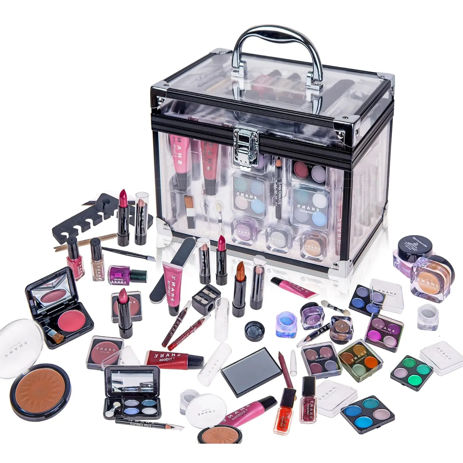 SHANY Carry All Trunk Makeup Train Case with Re-Usable Aluminum Beauty Storage Organizer Case. Make up Set with Eye Palettes, Blushes,Face Powders, Manicure, Pedicure and Cosmetics Brushes. GIFT SET