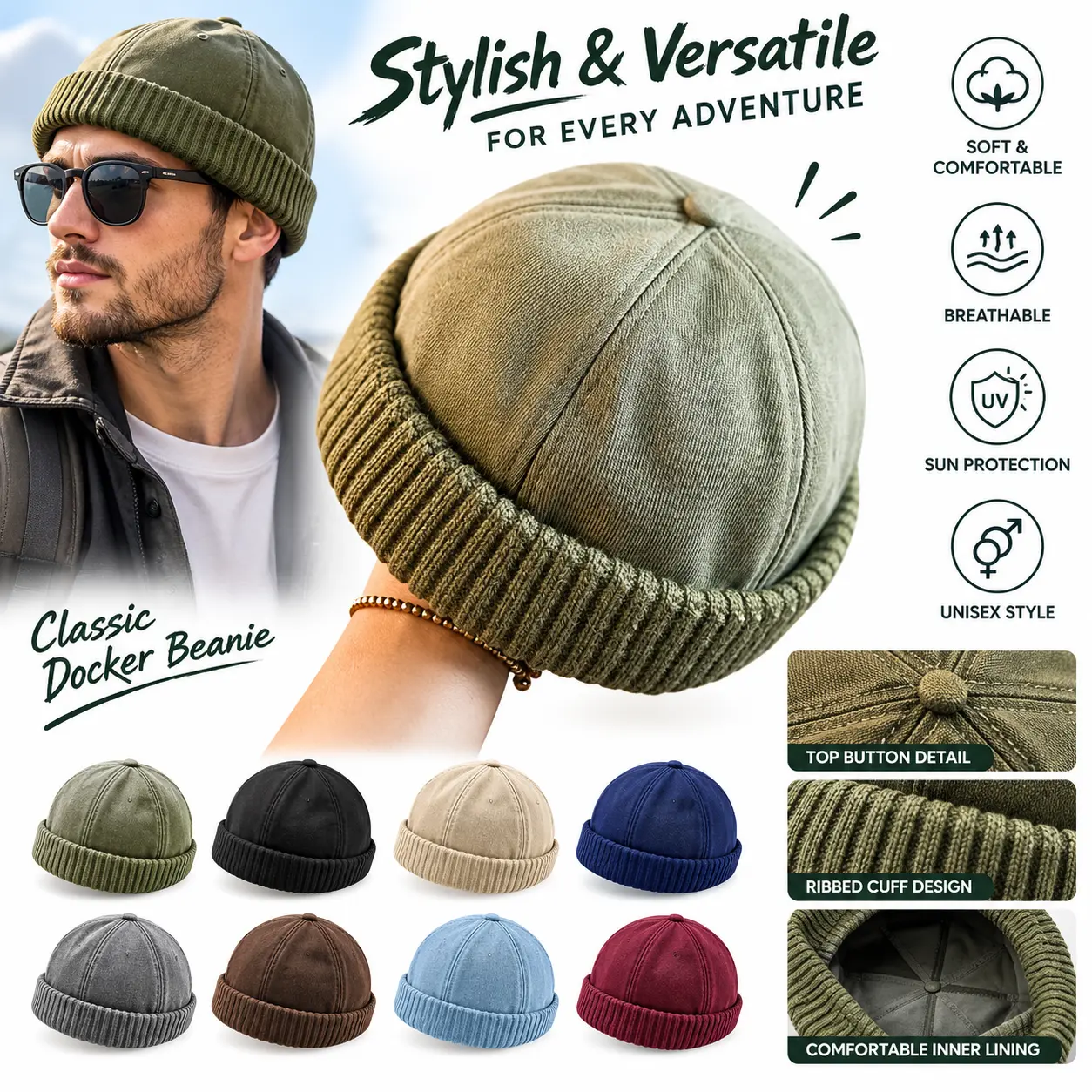 Unisex Knit Skullcap with Cuff for Autumn Winter Daily Wear Vintage Style
