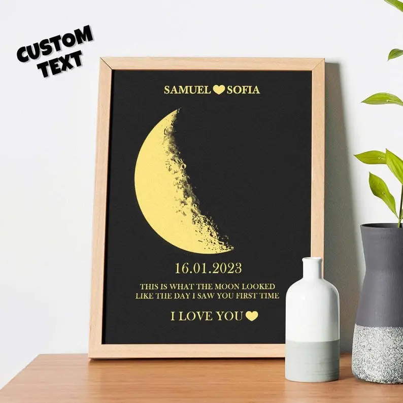 Custom Moon Phase Art With Names, Wood Framed Text Art, Unique Valentine's Day Or Anniversary Gifts For Couples, Romantic Decor Indoor Decoration Love Message