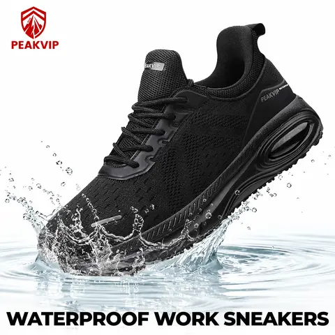 Men’s Nonslip Waterproof Lace-Up Work & Safety Shoes - Casual, Breathable, Minimalist Round Toe, Antimicrobial, Cushioned Air Sole for Indoor Restaurant All-Day Standing, All Seasons