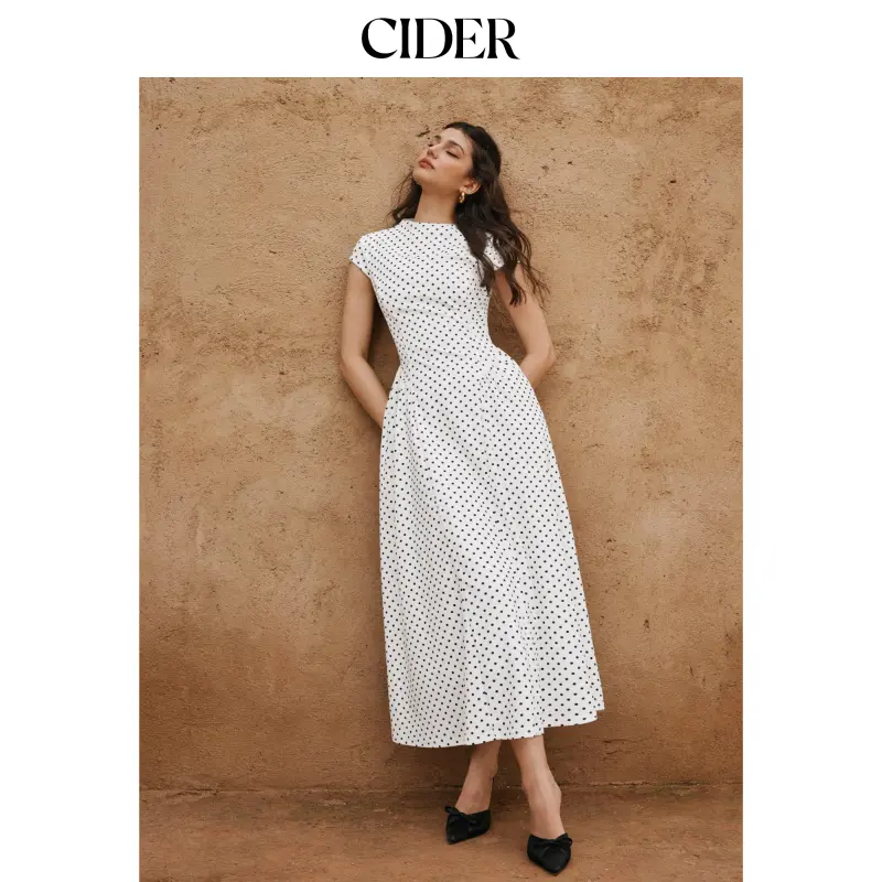 Cider Women's Knitting Casual Fitted Polka Dot Collared Neck Fit & Flare Maxi Dress with Flared Silhouette