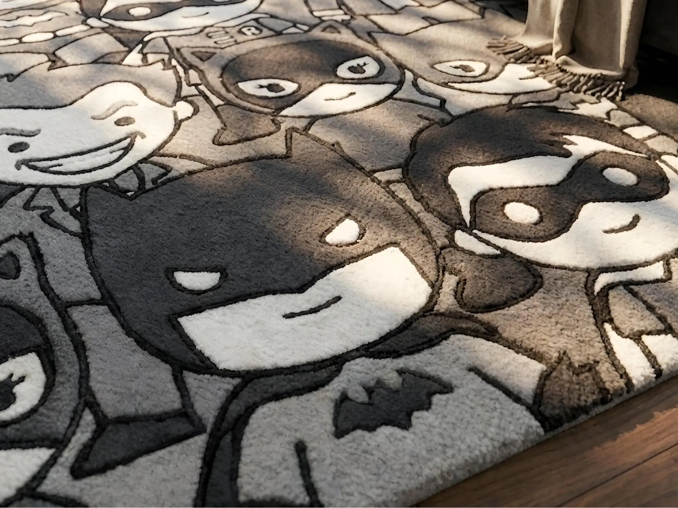 Hand-Tufted Monochrome Wool Area Rug, Chibi Superhero-Villain Novelty Carpet for Playroom