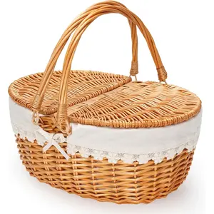 Wicker picnic basket with removable liner, covered picnic basket, vintage-style picnic basket, equipped with foldable woven handle, suitable for picnics, camping, outdoor activities, Halloween, Thanksgiving, birthdays