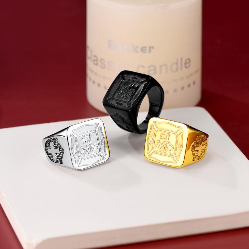 FaithHeart Firefighter Ring Saint Florian Prayer Ring for Men Stainless Steel