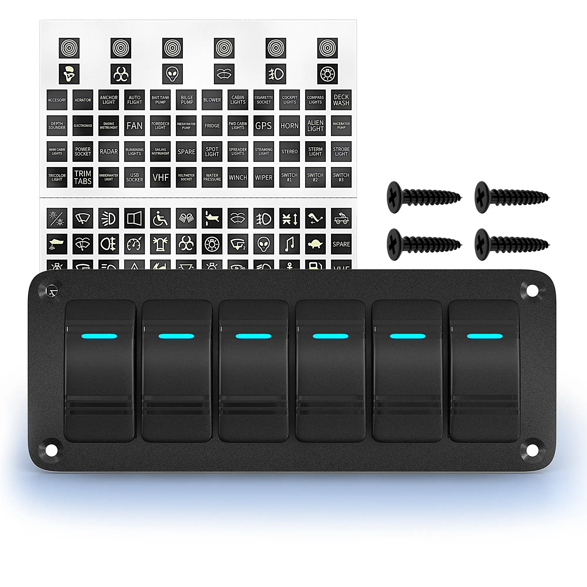 Eunik 6-Gang Rocker Switch Panel, 12V Waterproof ABS&PC Aluminum Panel with Energy-Saving Blue LED Lights, Pre-Wired, Fire-Resistant, Glow-in-the-Dark Sticker Labels Included for Marine Boats, Automotive Vehicles