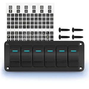 Eunik 6 Gang Rocker Switch Panel 12V Waterproof with Blue LED Light ON Off Pre-Wired for Marine Boat Automotive Car Truck RV UTV Night Glow Sticker Labels Included