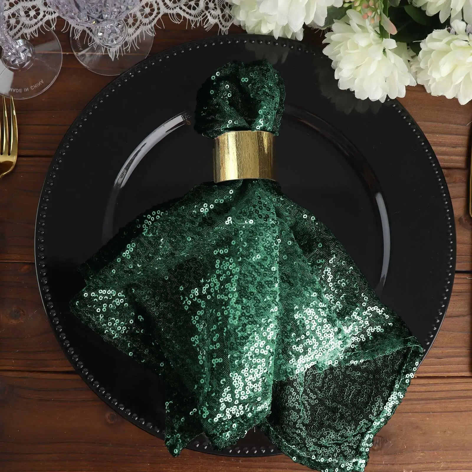 Sequin Tableware Dinner Napkin, 20x20in Hunter Emerald Green - Shimmering Cloth Napkin for Dining Tables