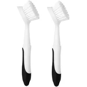 Durable Dish Brush with Handle Built-in Scraper Nylon Scrubber for Dishes Pots Pans Sinks 2 Pack Ergonomic Grip Non-Slip Handle Easy Storage