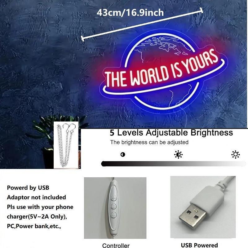 3D Neon Sign, USB Powered Neon Light, Neon Lamps, Creative World Is Yours Neon Sign, Wall Decor for Home Bedroom Living Room, Home Decor