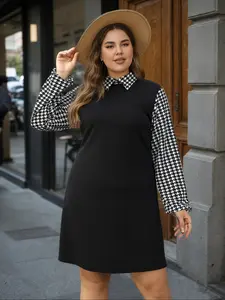 Women's Plus Size Long Sleeve Knit Dress, Modest Clothes, Houndstooth Patchwork Design, Elegant Classic Style, Perfect for High-End Clubs