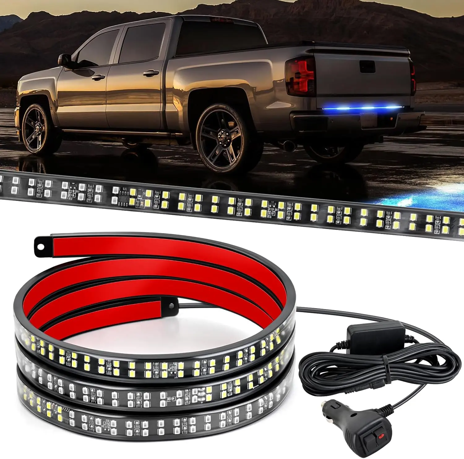 Nilight 48-in 12V-24V DC PVC Waterproof LED Emergency Flash Strip Bars & Work Lights, Ultra-Bright Double Row 288pcs LED, IP67 Rated, Strobe Modes, Adhesive/Peel-and-Stick & Bracket Mount, 5x Cable Ties for Pickup Trailers