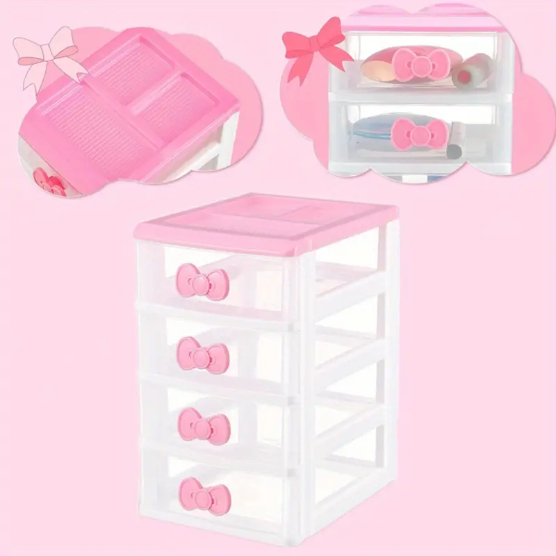 4-Layer Mini Drawer Organizer, Pink Plastic Tabletop Makeup Storage Cabinet with Butterfly Pulls for Girls' Cosmetics and Jewelry