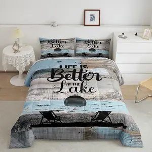 Feelyou Multi-Size Microfiber Soft Breathable Bedding Set - Light Weight Blanket, Queen Comforter, Travel-Friendly Rustic Farmhouse Duvet Insert, Ocean Beach Blue Grey Quilt for Kids