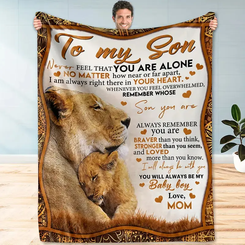 Soft Touch 1-Piece Polyester Fiber Flannel Blanket for Son - Heartfelt Lion Design with Inspirational Message, Soft Brown All-Season Bedding Throw, Machine Washable Mom-to-Son Gift for Bed & Sofa Decor, Cozy Quilting Craft Accessory, Room Decor, Home, Coz