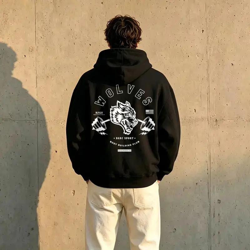 BOLD MARK  Sport Wolves Gym Hoodie Dual Side Print Wolf Head Weightlifting Barbell Graphic Pullover Bodybuilder Fitness Training Casual Streetwear Hooded Sweatshirt