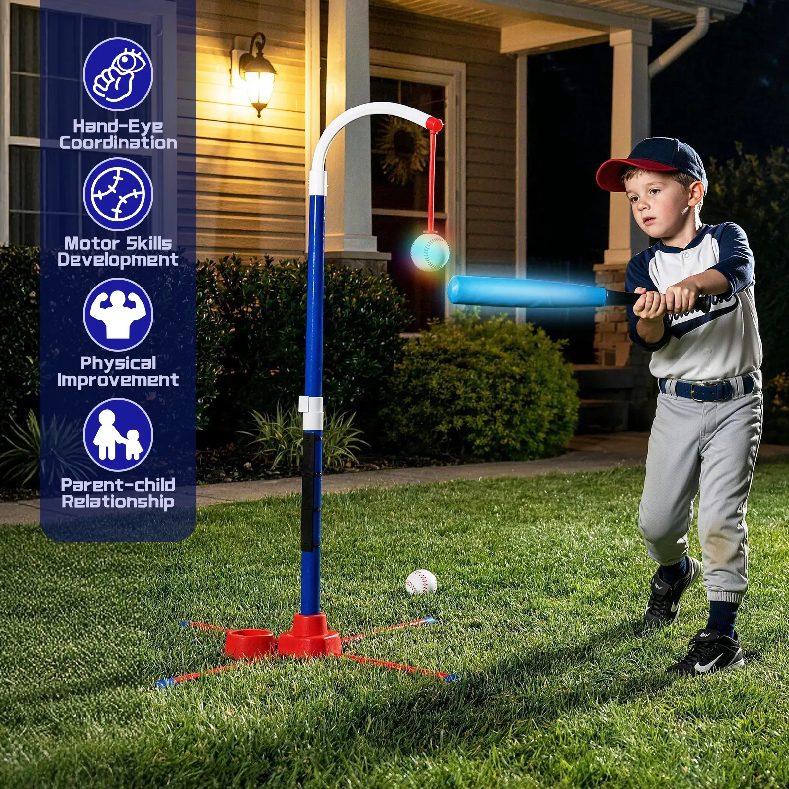 deAO Light up Tee Ball Set, 3-in-1 T Ball Set - Adjustable Height, Hanging Tee Ball Set with Automatic Pitching Machine/4 Balls/Retractable Bat, for Kids 5-8, Kids Outdoor Playset Baseball Toys Gifts for Boys Girls