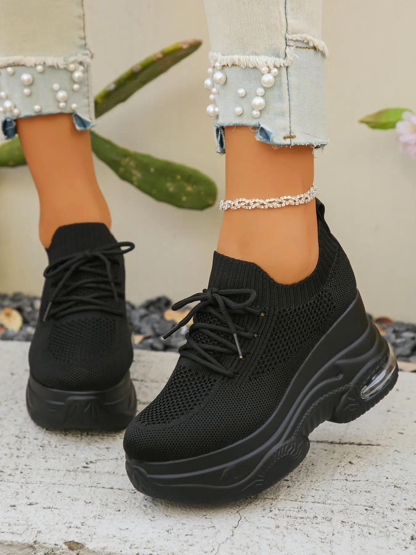 Women's Black Wedge Platform Hidden Heel Casual, Athletic Trainer Sneakers, All Season Sneakers, Breathable Knit Sneakers, Breathable Fabric Upper with Air Cushion Shock Absorption, For Petite Ladies, Comfortable for Home, Work & Commute