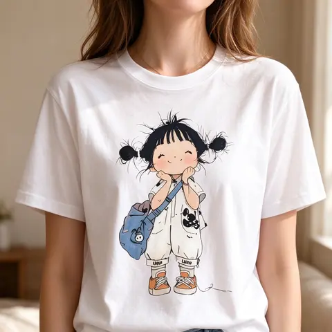 Women's Oversized Graphic T-Shirts - Viral TikTok Trend Kawaii Minimal Cartoon Twin Bun Girl Graphic, White, Short Sleeves, Lightweight Breathable Cotton Crew Neck, Relaxed Baggy Style, Bow Accent, Plus Size Campus Casual Top, Cute Tops, Soft Fabric