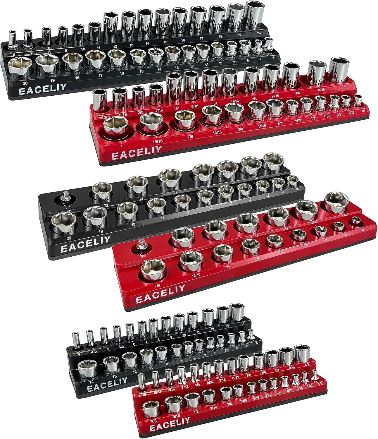 6 PCS  Magnetic Socket Organizer Set, 1/2", 1/4" & 3/8" SAE & Metric Deep & Shallow Socket Holders, Holds Up to 141 Standard Sockets, Magnetic Socket Tray for Steel Tool Boxes & Carts, Sockets Not Included