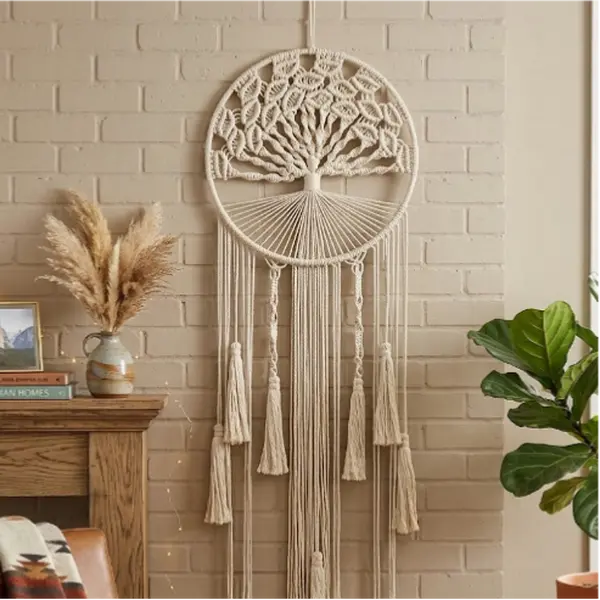 Handmade Corded White Cotton Knot Tree of Life Macrame Dreamcatcher - Wooden Hanging Home Decor, Boho Nursery Accent with Long Fringe, Valentine's Day Gift for Women & Friends