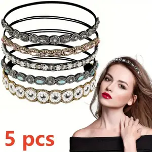 5PCS Rhinestone Beaded Headbands for Women Crystal Elastic Hairband Set with Elegant Design and Diverse Colors