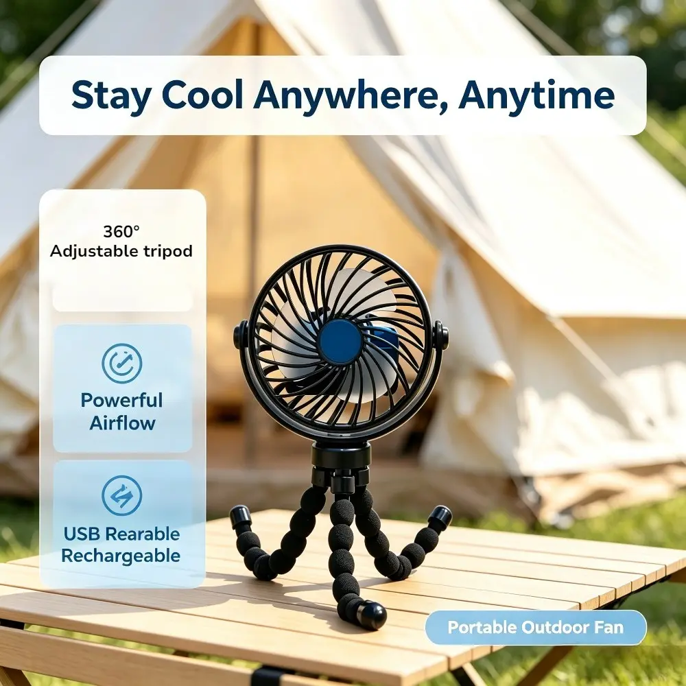 Portable Octopus Clip-On Fan with Flexible Tripod - 3-Speed Silent Personal Cooler, USB Rechargeable & 360° Rotatable for Strollers, Outdoor, Camping