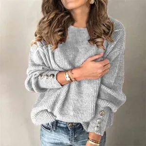 Women's Long-Sleeved Round Neck Button Sweater T-shirt Slub Knit Full-Zip Hoodie Loose V-Neck Top Knitwear Casual Crewneck Minimalist Black-Style Skull Vintage Checkered Ghost Teacher Fashion Piece regina george rory gilmore
