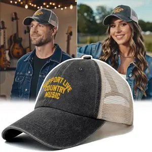 Support Live Country Music Trucker Hat | Vintage Washed Gray Mesh Cap,Country Music Lover Vintage Trucker Cap | Retro Live Music Graphic Hat,Country Music Printed Trucker Hat | Gray Adult Casual Streetwear Cap