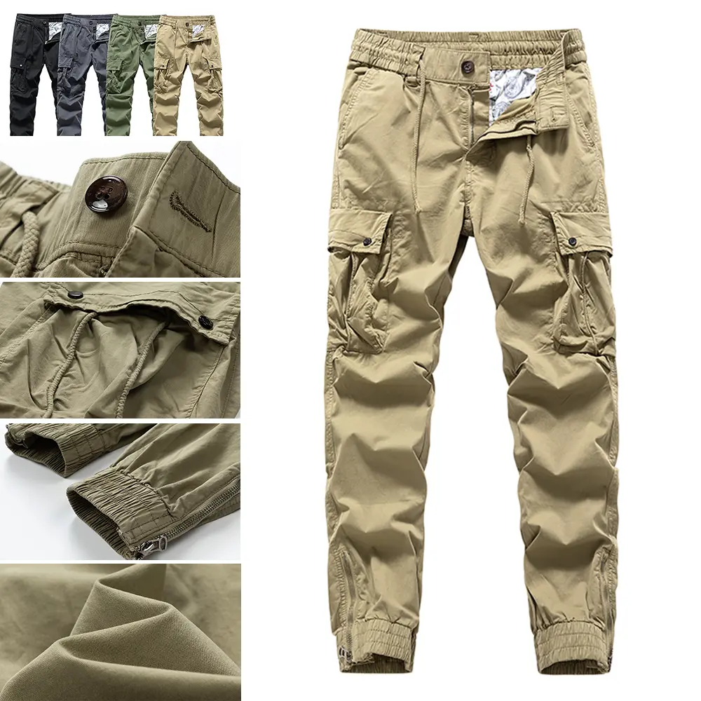 Men's Solid Cotton-Blend Cargo Pants, Menswear Casual Workwear with Elastic Mid-Waist, Multiple Attachment Pockets, Button Closure, Elastane Fabric, Zippered Ankle Cuffs, Ankle-Length for Hiking, Outdoors Woven Trousers