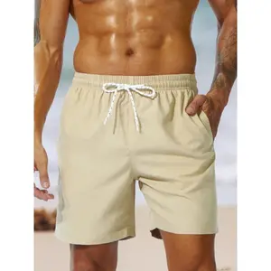 Men's Relaxed Fit Beach Shorts - Solid Dark Brown, 100% Polyester with Drawstring Waist & Pockets, Machine Washable for Vacation Comfort