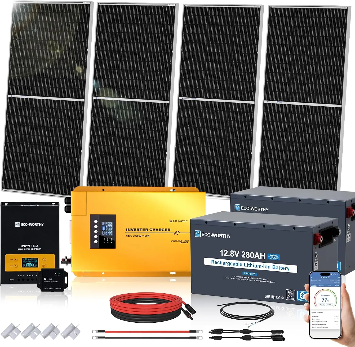ECO-Worthy 7.168KWH 800W Solar Panel Kit for RV Off Grid Complete System | 4PCS 195W Solar Panels, 3000W UPS Inverter Charger, 2PCS 12.8V 280AH Lithium Batteries, 60A MPPT Controller Bluetooth