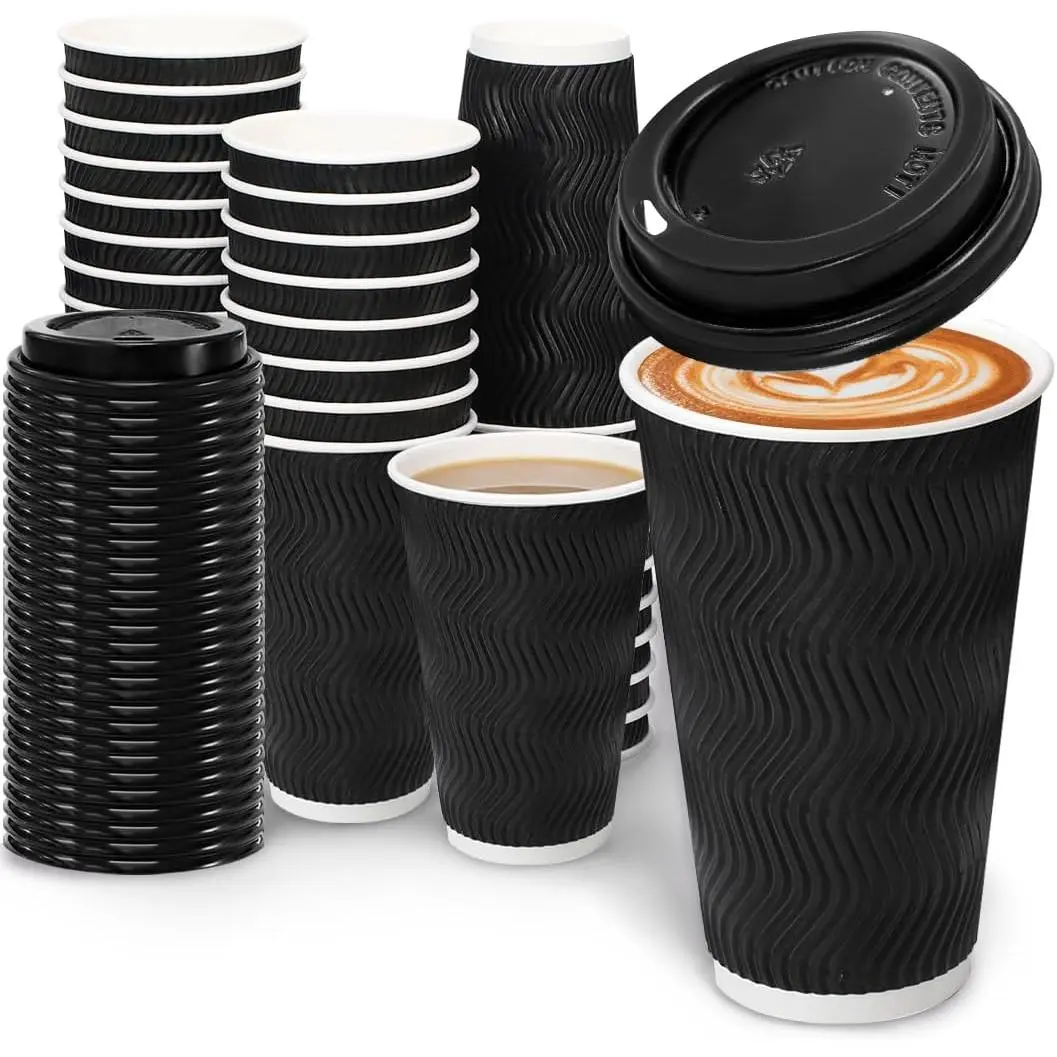 100 Pack 16 oz Coffee Cups with Lids, Disposable Insulated Hot Cups To Go Paper Coffee Cups, Corrugated Ripple Wall Cup for Hot Drink, Office, Coffee Bar (Black 16 oz)