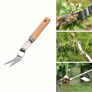 Stainless steel weeding fork, wooden handle, garden hand weeding tool, durable lawn weeder, outdoor garden root remover, gardening planting accessories
