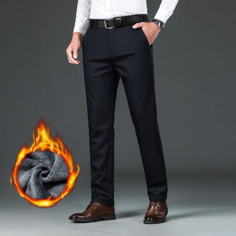 Static Cuff Flannel Thick Men's Casual Pants Winter New Fleece Business Stretch Warm Plush Trousers Brand Slim Straight Male Pants