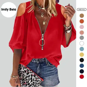 Imily Bela Womens V-Neck Lantern Sleeve Blouse Zipper Design Loose Casual Top Shirts