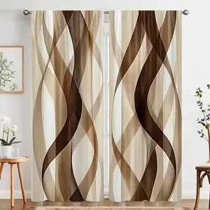 Elegant Dark Door Curtains with Transparent Wave Print, Coffee, Pole Pocket Design, Easy Install, Functional Living Room Decor, Seasonal Decor