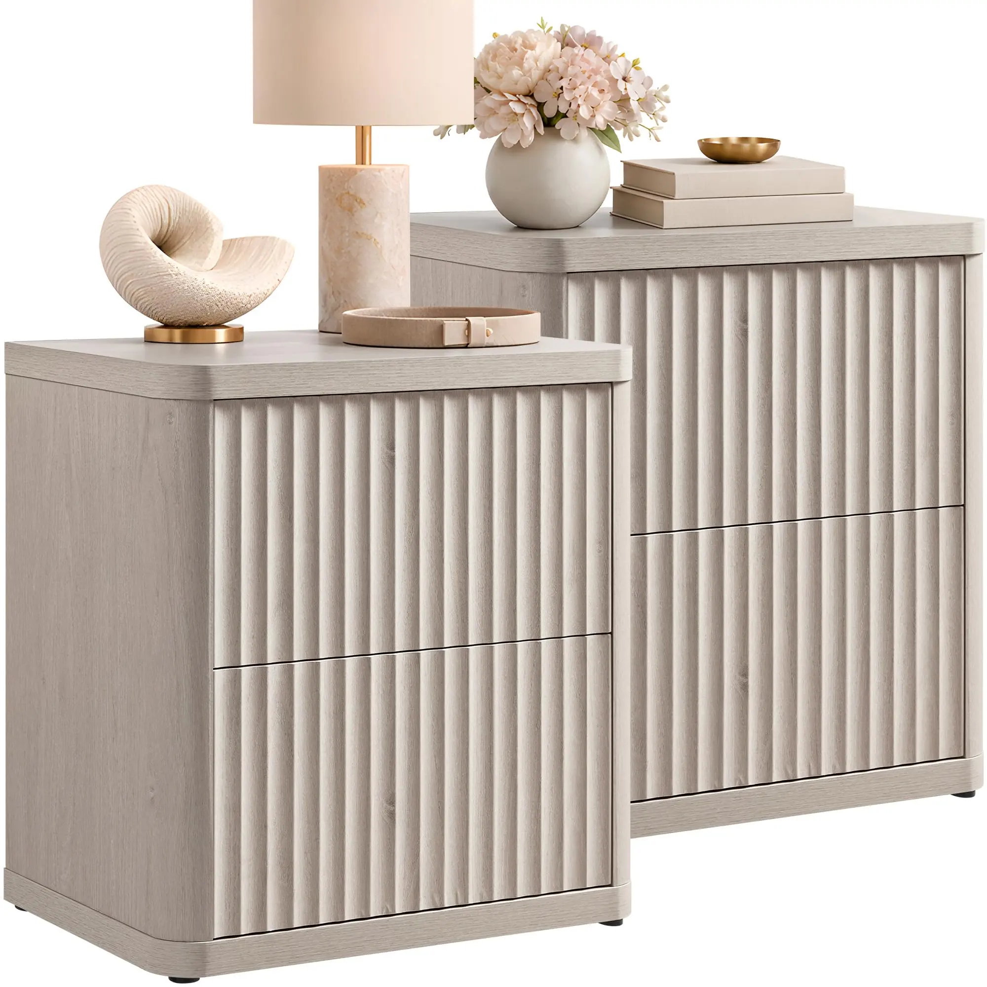 SICOTAS Set of 2 Nightstands, Fluted Modern Bedside Tables with 2 Large Handless Drawers - 22.75" Wide Small End Tables, Curved Edge Design for Bedroom & Living Room