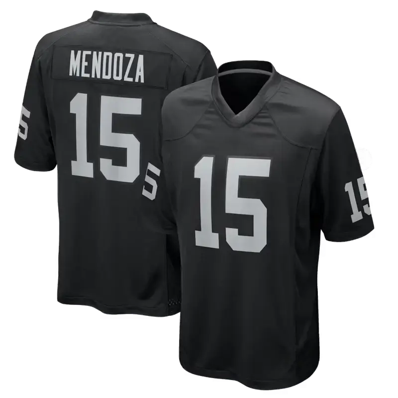 Full Print White/Black Mendoza #15 Football Jersey, Men's Breathable V Neck Short Sleeve Athletic Shirt, Team Game Uniform, Sports Fan Apparel, Unisex Gift for Football Fans