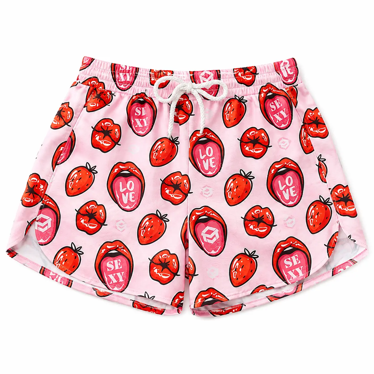 Women's Strawberry Lip Print Shorts, Pink Y2K Summer Beach Shorts, Cute Drawstring Casual Shorts, Lightweight Quick Dry Swim Shorts