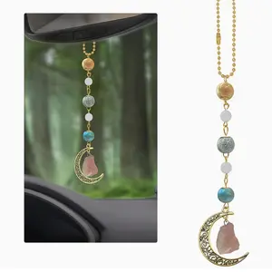 Bohemian Moon Hanging Ornament, Crystal Rearview Mirror Decoration, Women's Car Accessory, Cute Ceramic Charm, Stylish Auto Interior Decor, Cute Car Accessories, Girly Car Accessories