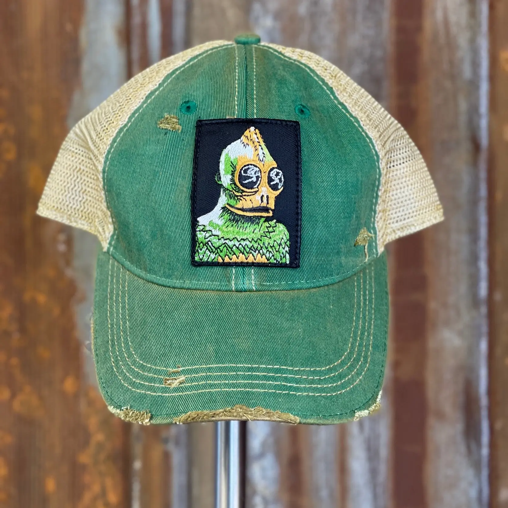 Sleestack Monster Hat Distressed Kelly Green Snapback with Unique Character Patch and Distressed Design Unisex Fashionable and Versatile