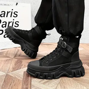 Men's Large Size Thick Sole Height Increase Lace-Up Canvas High Top Boots, Durable PVC Sole, Sturdy Upper, Thick Sole Boots with Belt Closure, Suitable for Outdoor Work, Gothic Anime Style, Solid Black Lace-Up Closure Winter Shoes