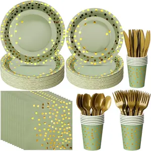 350 Pcs Sage Green Paper Plates and Napkins Set, Disposable Sage Green and Gold Polka Dot Party Plates, Cups For Baby Shower, Birthday, Wedding-Party Supplies and Decorations, Serves 50